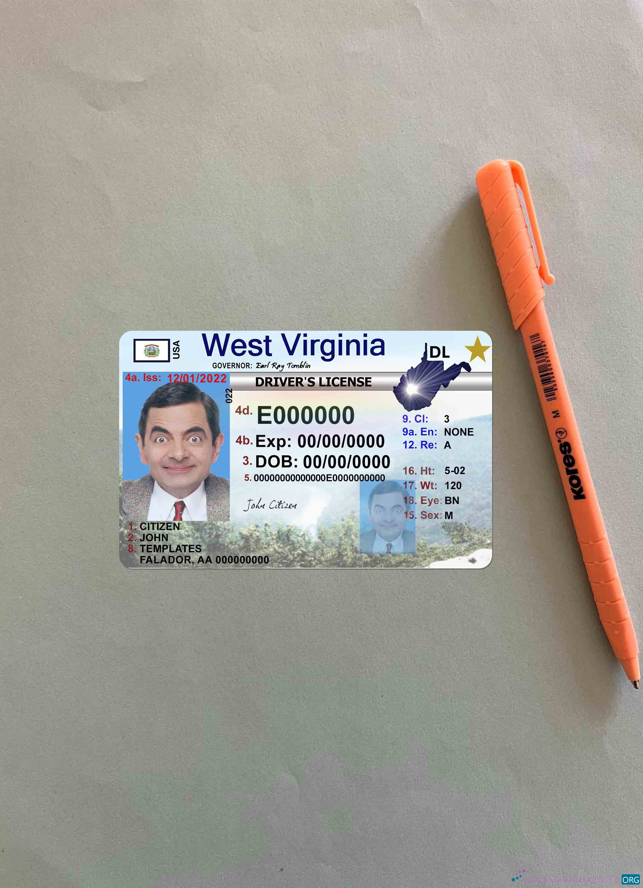 Download USA West Virgina driving license photolook FRONT Photoshop template
